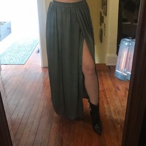 Army green silk slit skirt